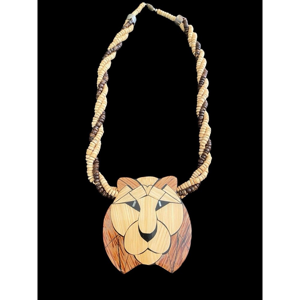 Vintage Lee Sands 1980s Wood Inlay Lion Head Beaded Necklace
